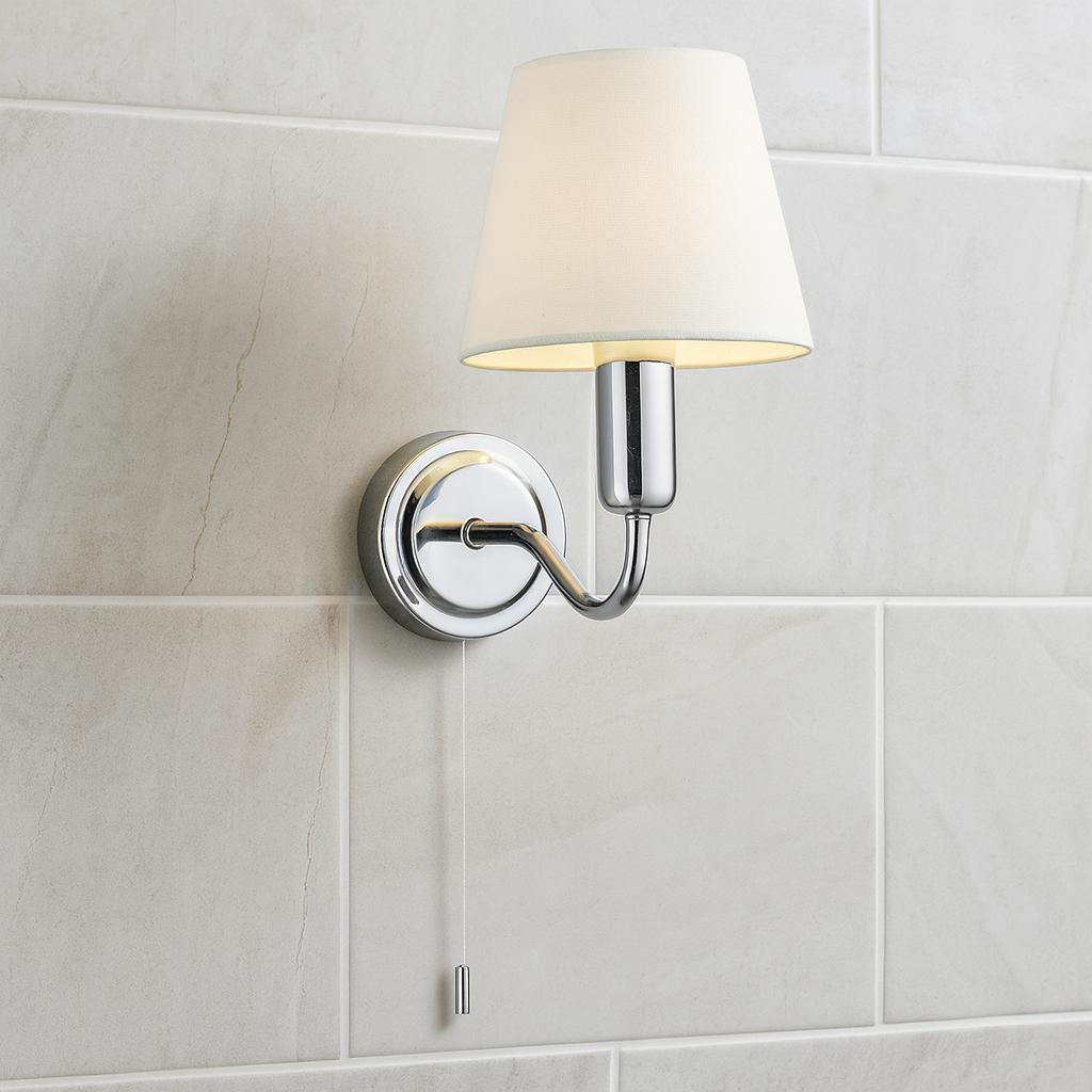 Bathroom Light Wall Semi-Flush Fitting with Fabric Shade & Pullcord Switch | G9 | IP44 | Polished Chrome