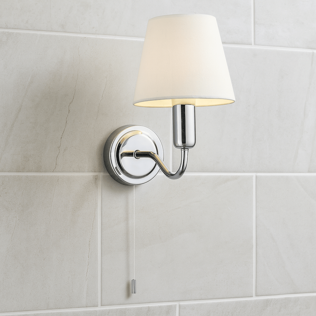 Bathroom Light Wall Semi - Flush Fitting with Fabric Shade & Pullcord Switch | G9 | IP44 | Polished Chrome - LightHub Direct
