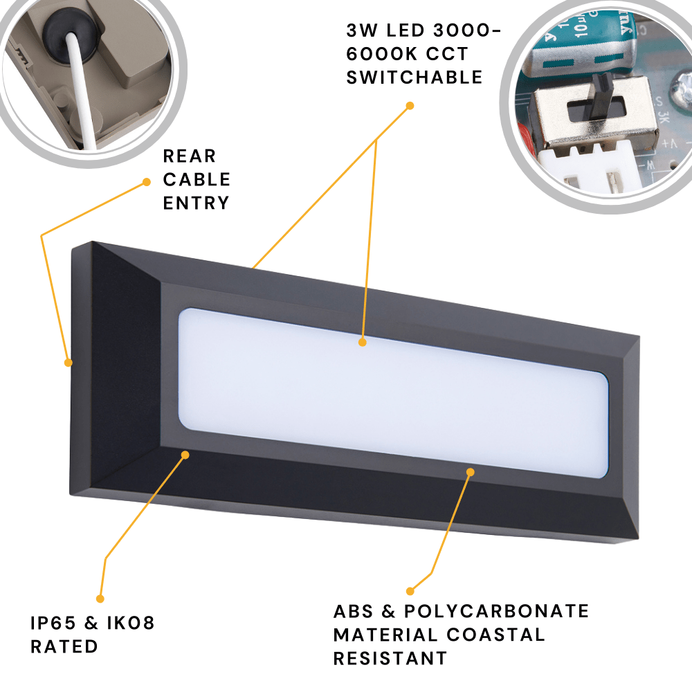 SEVERUS | Outdoor Surface Wall Brick Light | LED | IP65 | CCT Tri - Colour Switchable | Black - LightHub Direct