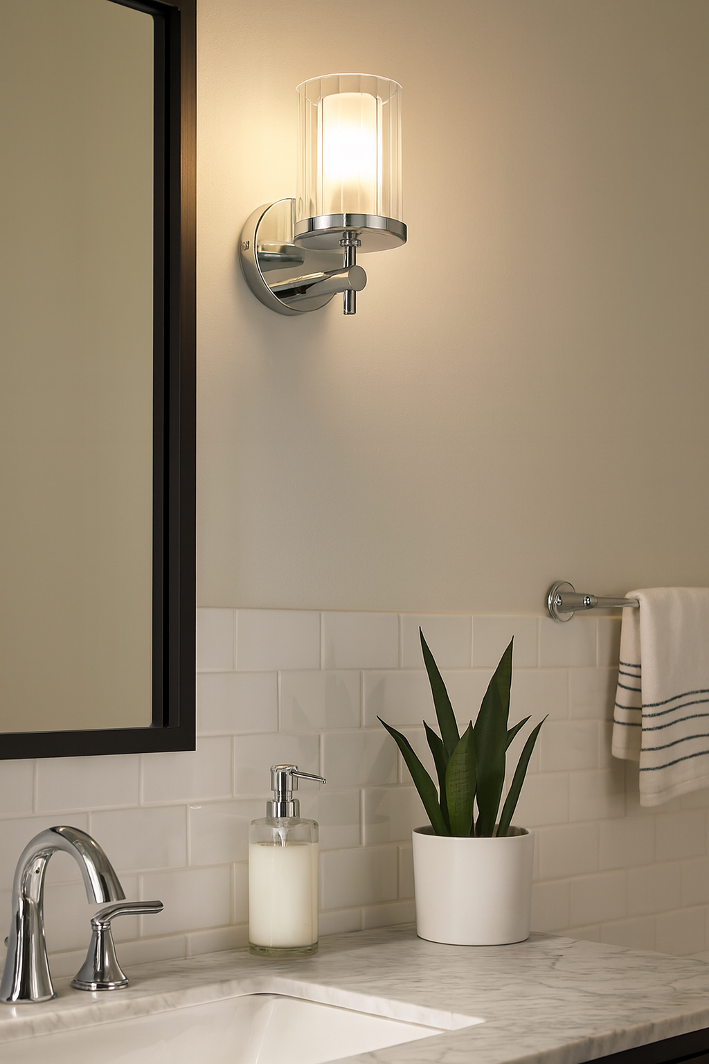 Bathroom scene with a mirror, light fixture, sink, and plant.