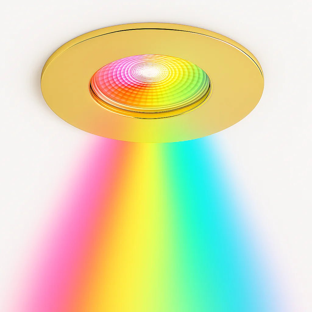 Smart WiFi RGB+CCT Fire Rated Downlight | Alexa & Google | GU10 IP65 | Polished Brass - LightHub Direct