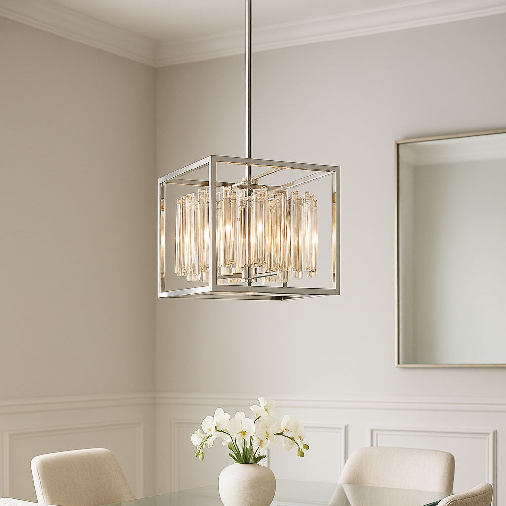 4‑Light Crystal Metal Pendant Square Ceiling Light | E14 | Polished Chrome
