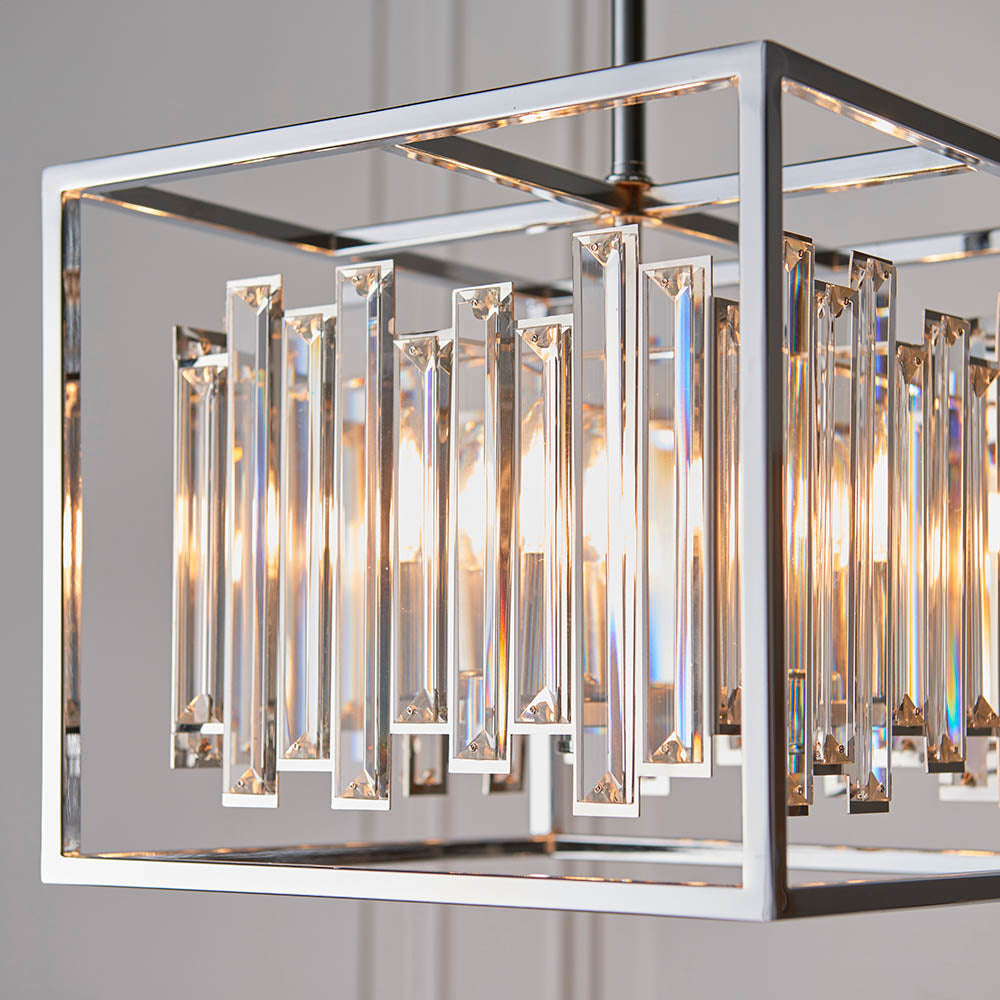 4‑Light Crystal Metal Pendant Square Ceiling Light | E14 | Polished Chrome