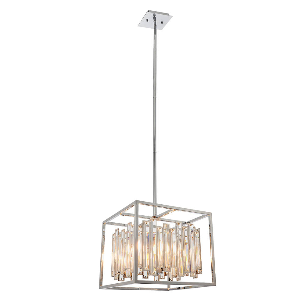 4‑Light Crystal Metal Pendant Square Ceiling Light | E14 | Polished Chrome