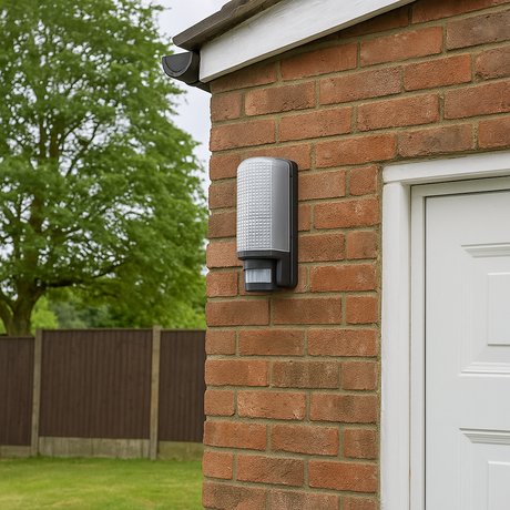 Security light fixture on a brick wall next to a white door with greenery in the background
