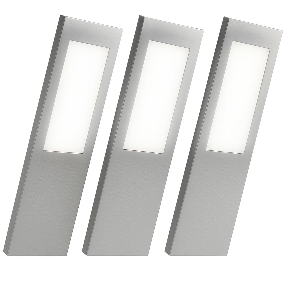 Three rectangular LED lights with a metallic finish on a white background