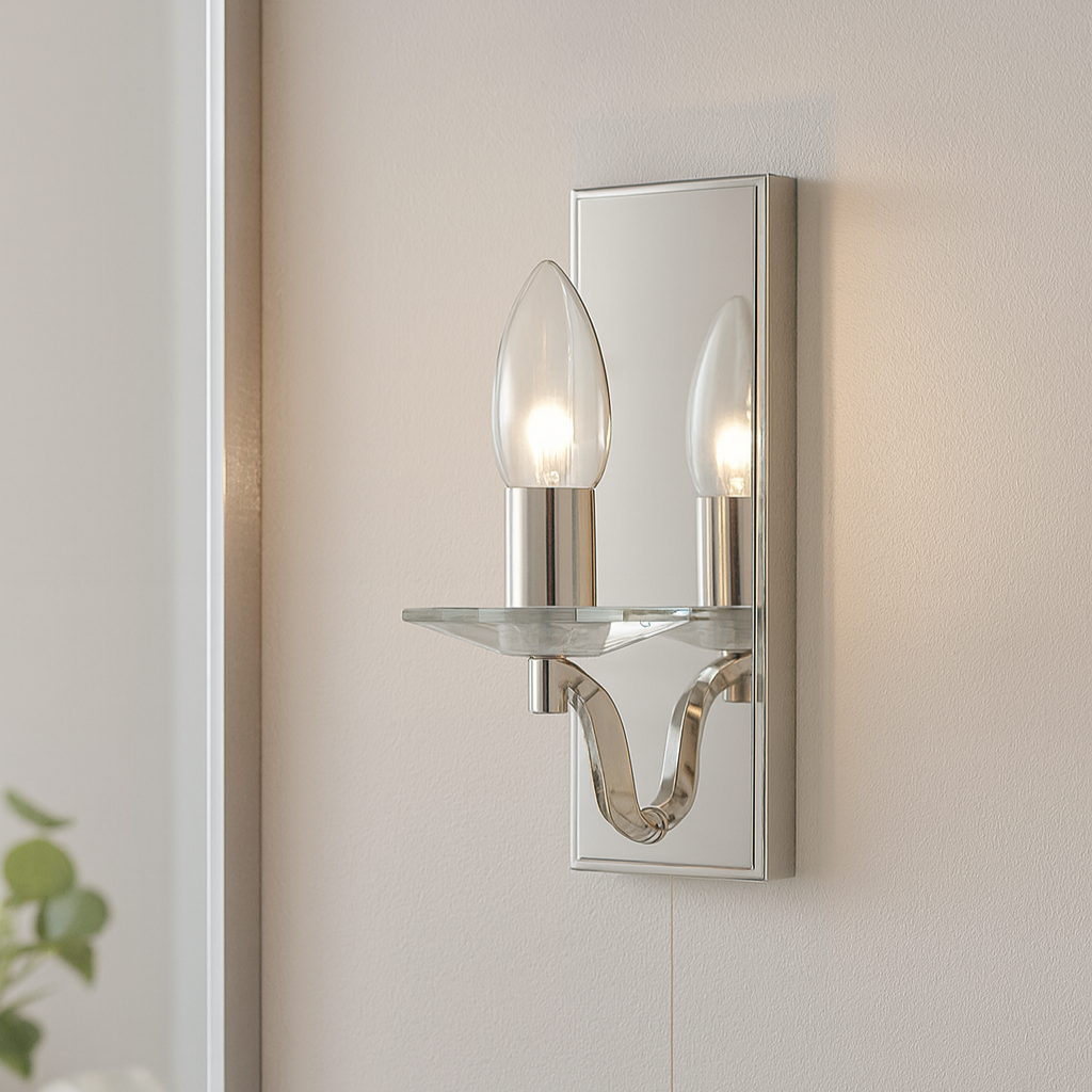 Wall-mounted mirror with a decorative light fixture in a bathroom setting.