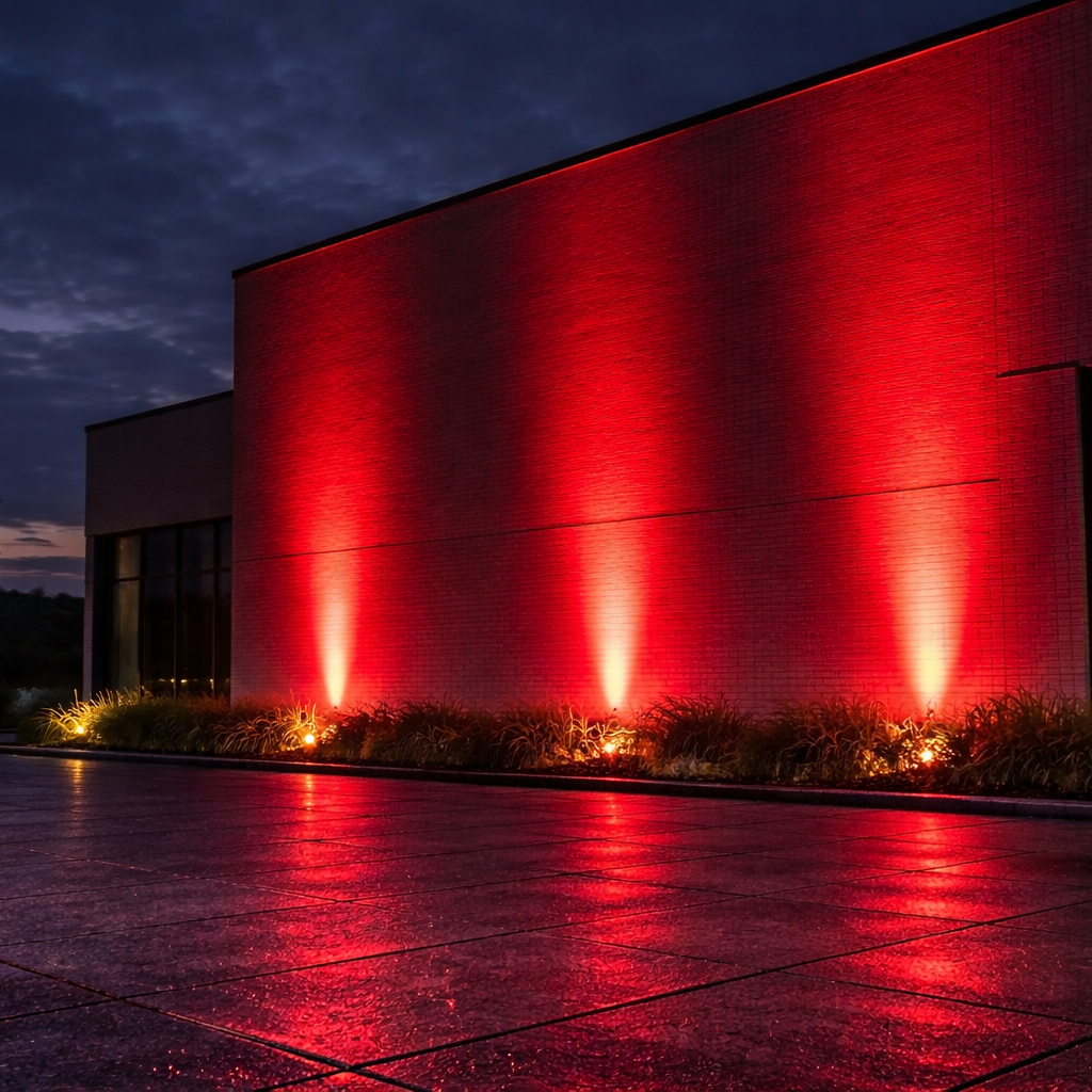 Building exterior with red lighting at night