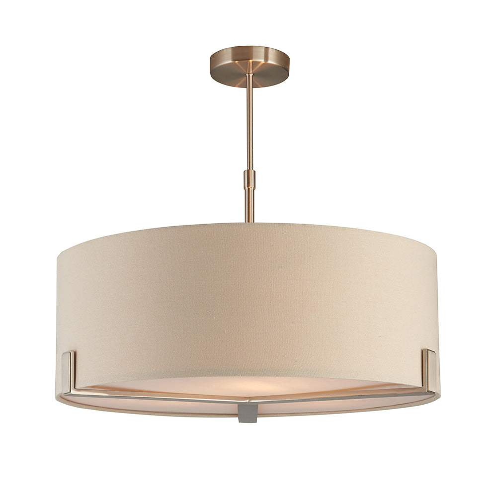 Ceiling light fixture with beige shade and bronze finish on a white background