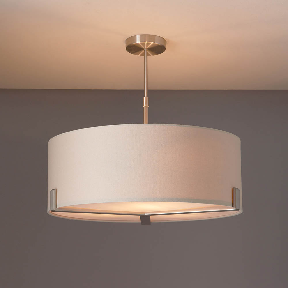 3 Light Ceiling Adjustable Pendant Anti-Glare Fabric Cylinder Semi Flush Fitting | E27 | Satin Nickel