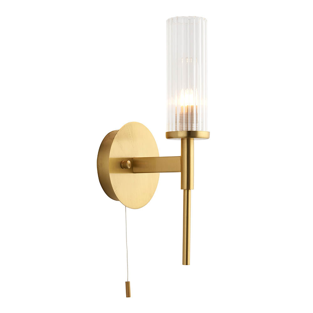 Bathroom Light Wall Semi-Flush Fitting with Glass Shade & Pullcord Switch | G9 | IP44 | Satin Brushed Gold