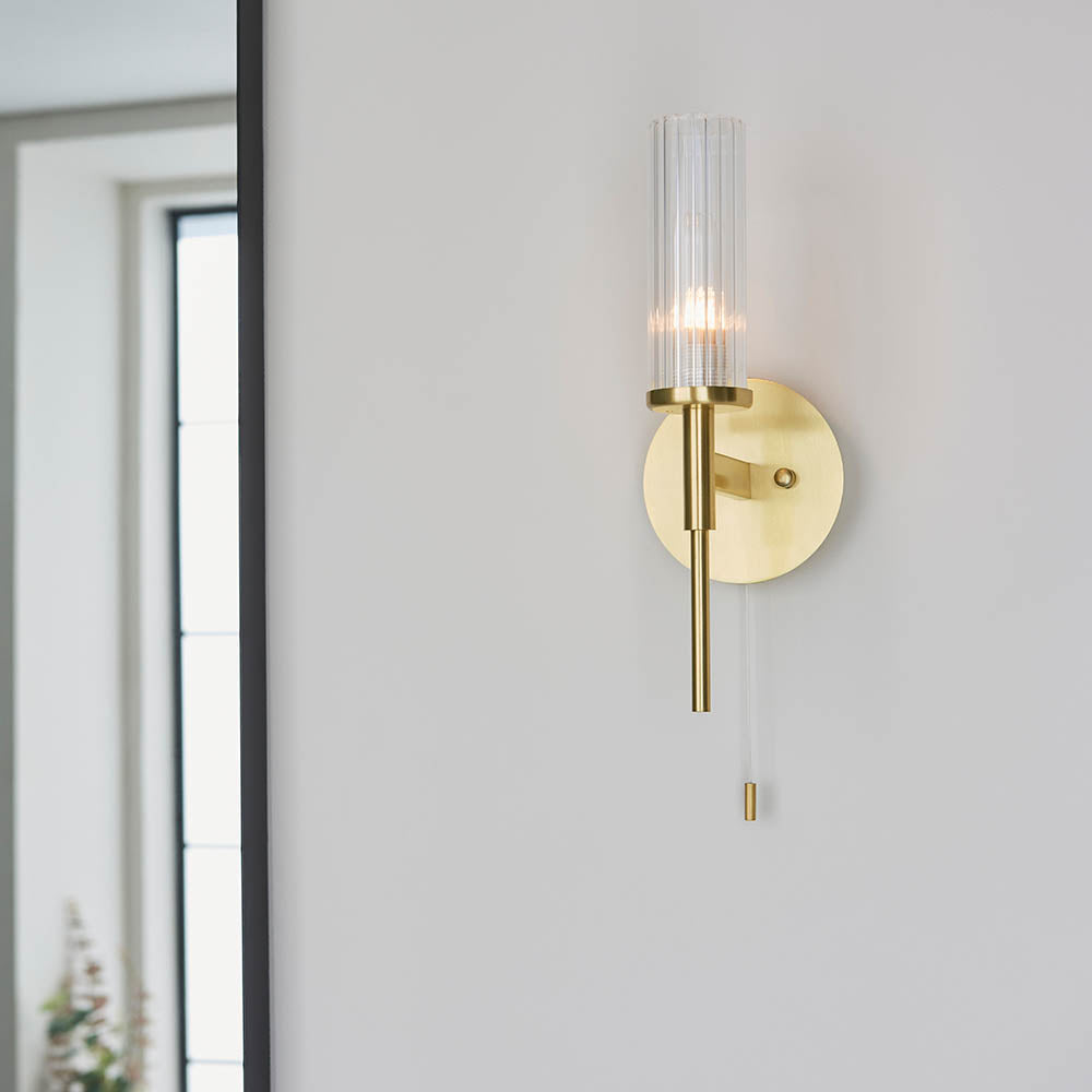 Bathroom Light Wall Semi-Flush Fitting with Glass Shade & Pullcord Switch | G9 | IP44 | Satin Brushed Gold