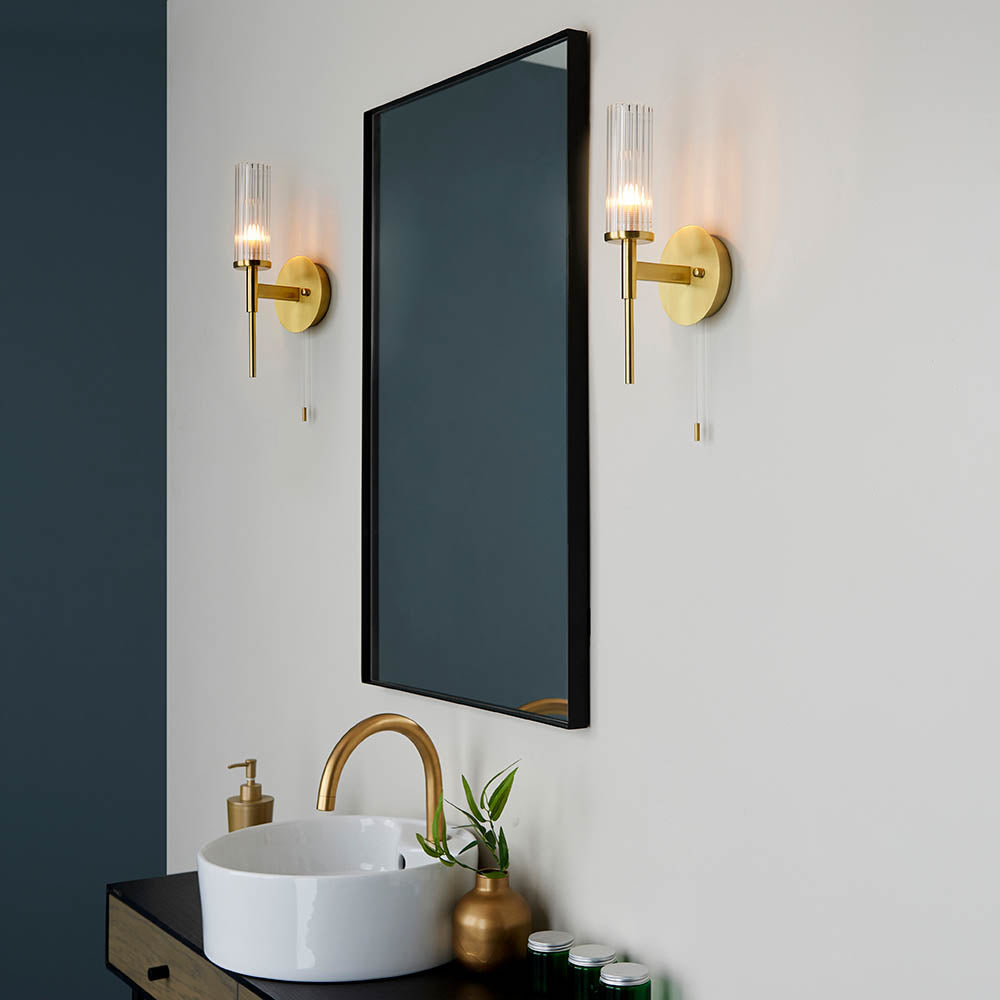 Bathroom Light Wall Semi-Flush Fitting with Glass Shade & Pullcord Switch | G9 | IP44 | Satin Brushed Gold
