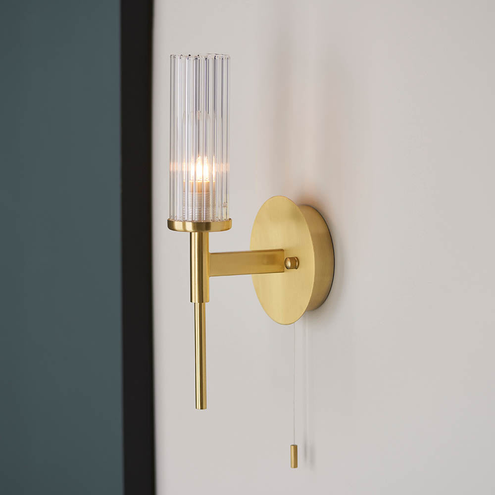 Bathroom Light Wall Semi-Flush Fitting with Glass Shade & Pullcord Switch | G9 | IP44 | Satin Brushed Gold