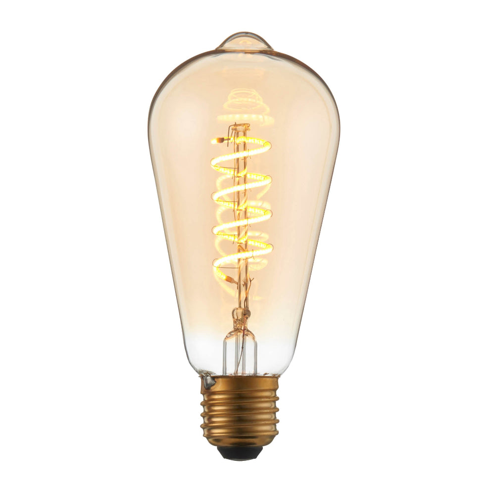 Vintage-style light bulb with spiral filament on a white background