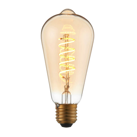 Vintage-style light bulb with spiral filament on a white background