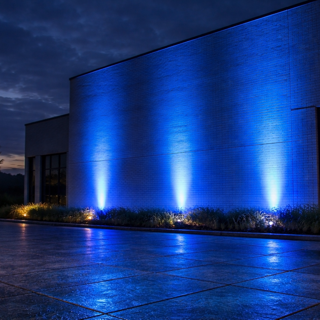 Modern building exterior with blue lighting at night