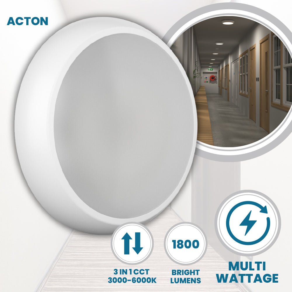 ACTON Slim Bulkhead Light | LED Multi Wattage 1800lm | Tri - Colour CCT | IP65 - LightHub Direct