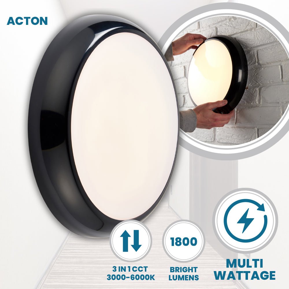 ACTON CCT Slim Bulkhead Light Fitting | LED Multi Wattage 1800lm | CCT Tri - Colour Switchable | IP65 | Black | Standard - LightHub Direct