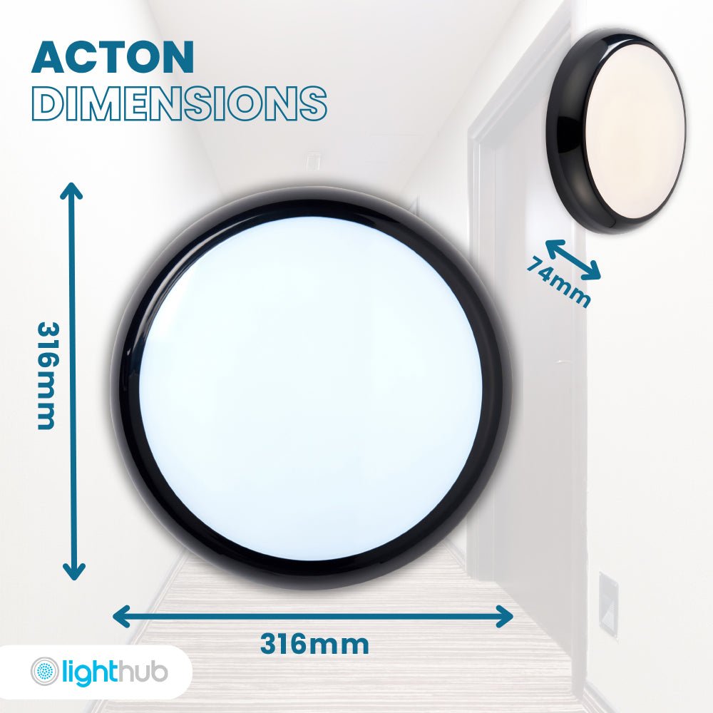 ACTON CCT Slim Bulkhead Light Fitting | LED Multi Wattage 1800lm | CCT Tri - Colour Switchable | IP65 | Black | Microwave Motion Sensor - LightHub Direct