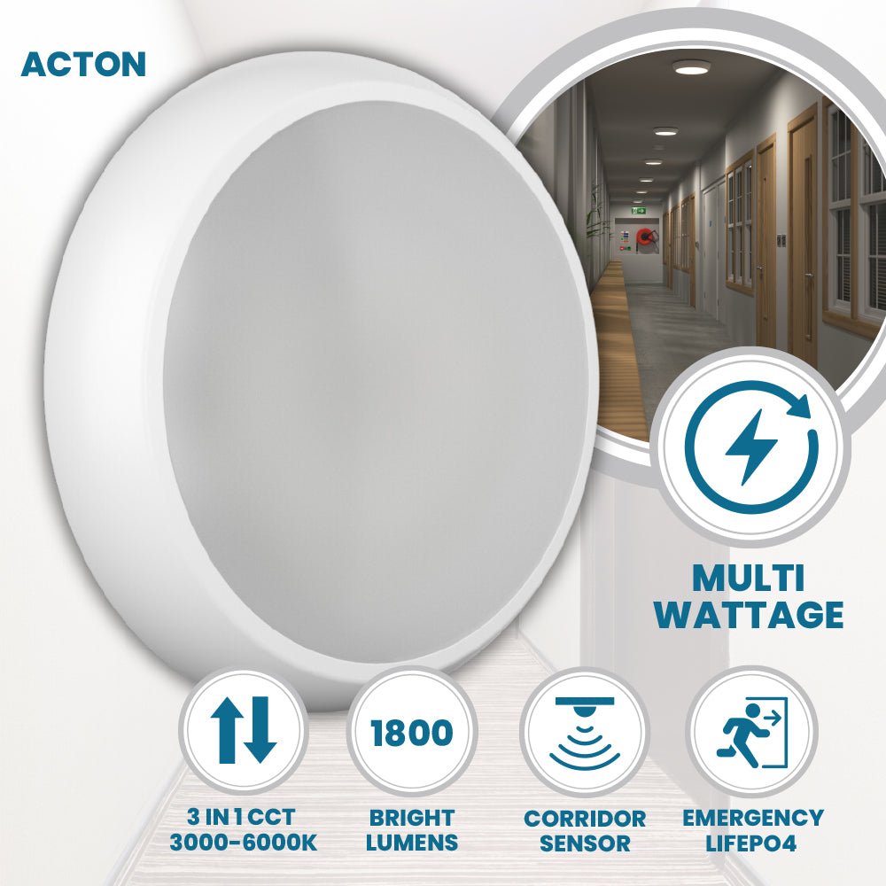 ACTON Slim Bulkhead Light | LED Multi Wattage 1800lm | Tri - Colour CCT | IP65 | Microwave & Corridor Function Sensor | 3hr Emergency - LightHub Direct