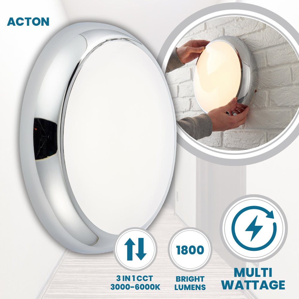 ACTON CCT Slim Bulkhead Light Fitting | LED Multi Wattage 1800lm | CCT Tri - Colour Switchable | IP65 | Chrome | Standard - LightHub Direct