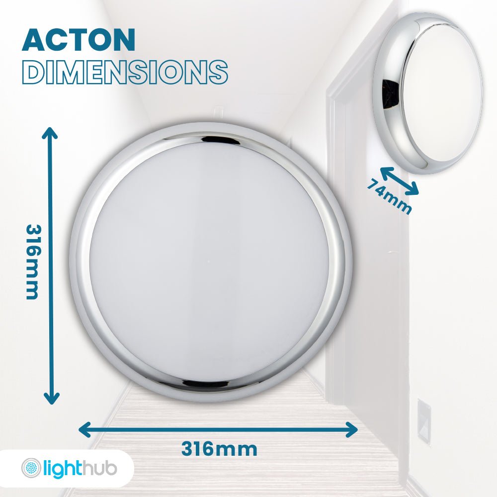 ACTON CCT Slim Bulkhead Light Fitting | LED Multi Wattage 1800lm | CCT Tri - Colour Switchable | IP65 | Chrome | 3hr Emergency Function | Microwave Motion Sensor - LightHub Direct