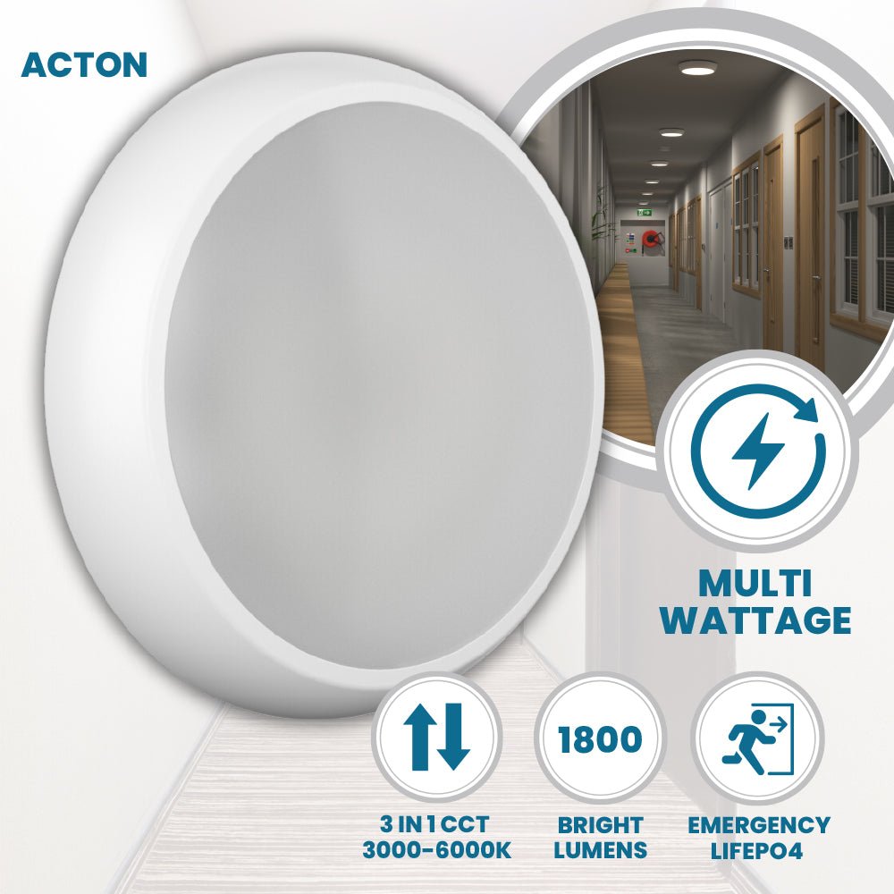 ACTON Slim Bulkhead Light | LED Multi Wattage 1800lm | Tri - Colour CCT | IP65 | 3hr Emergency Function - LightHub Direct