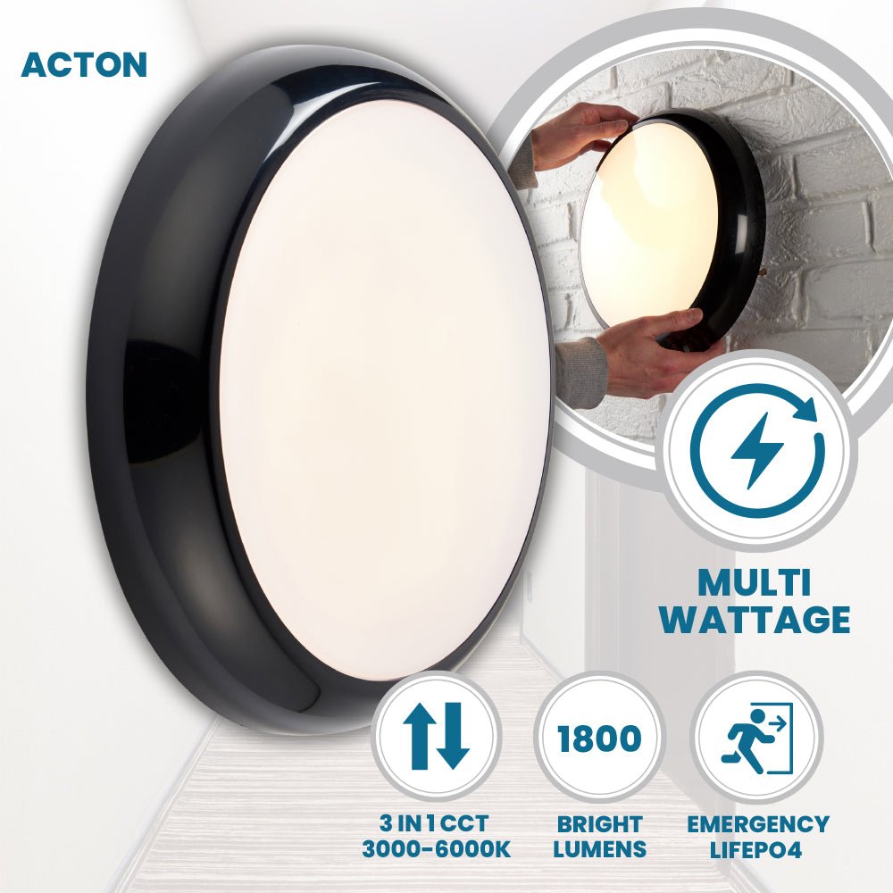 ACTON CCT Slim Bulkhead Light Fitting | LED Multi Wattage 1800lm | CCT Tri - Colour Switchable | IP65 | Black | 3hr Emergency Function - LightHub Direct