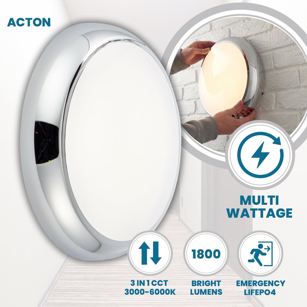 ACTON CCT Slim Bulkhead Light Fitting | LED Multi Wattage 1800lm | CCT Tri - Colour Switchable | IP65 | Chrome | 3hr Emergency Function - LightHub Direct