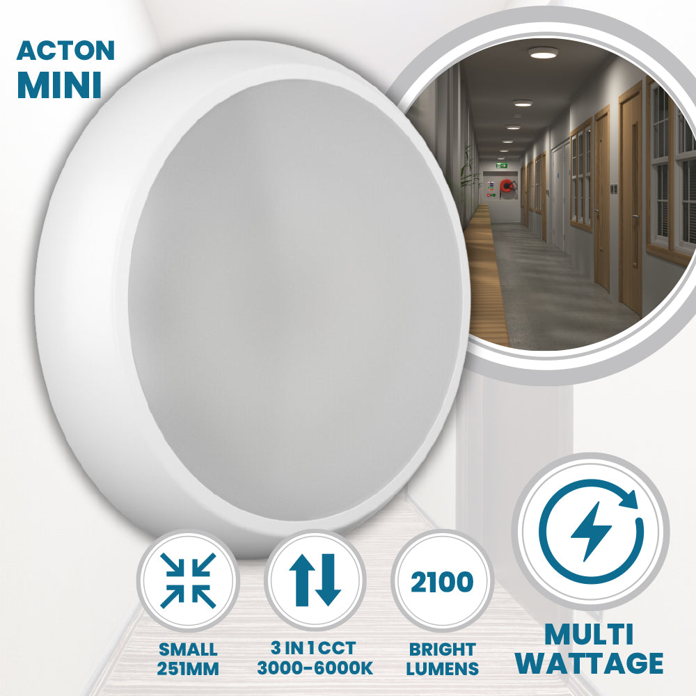 ACTON MINI Small 250mm Slim Bulkhead Light | LED Multi Wattage 1200lm | Tri-Colour CCT | IP65 | White