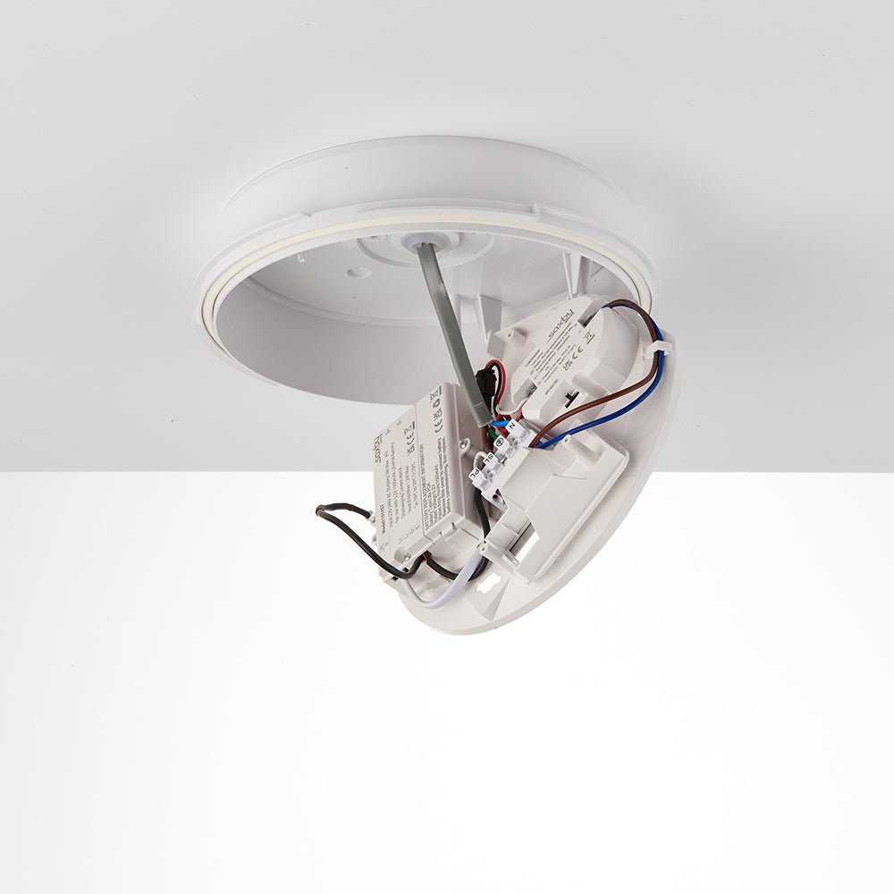 CE3X5 MINI Small 250mm Slim Bulkhead Light | LED Multi Wattage 1200lm | Tri - Colour CCT | IP65 | White | Microwave Sensor - LightHub Direct