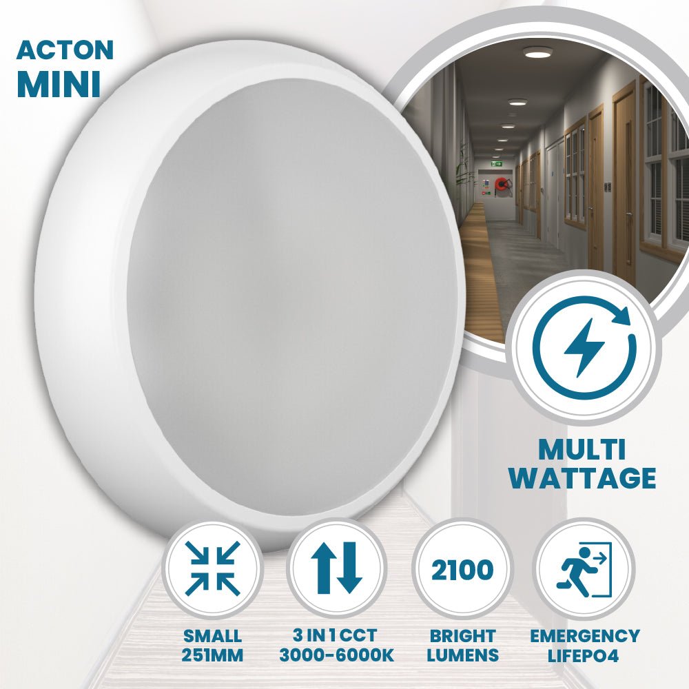 CE3X5 MINI Small 251mm Slim Bulkhead Light | LED Multi Wattage 1200lm | Tri - Colour CCT | IP65 | White | 3hr Emergency - LightHub Direct