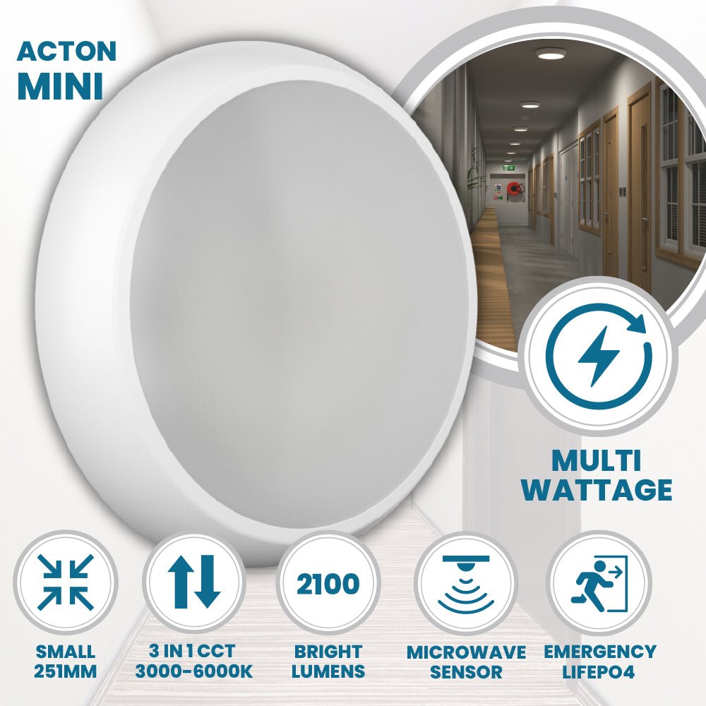 CE3X5 MINI Small 250mm Slim Bulkhead Light | LED Multi Wattage 1200lm | Tri - Colour CCT | IP65 | White | Microwave Emergency - LightHub Direct