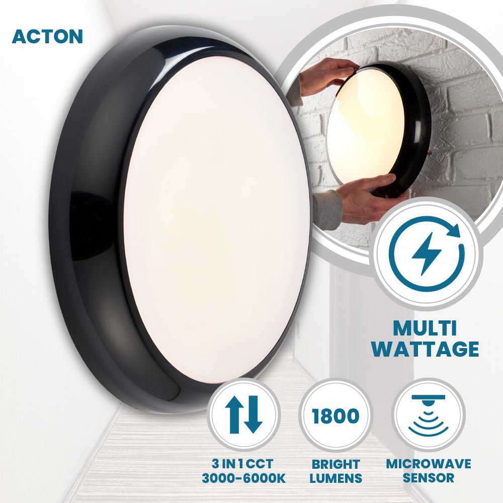 ACTON CCT Slim Bulkhead Light Fitting | LED Multi Wattage 1800lm | CCT Tri - Colour Switchable | IP65 | Black | Microwave Motion Sensor - LightHub Direct