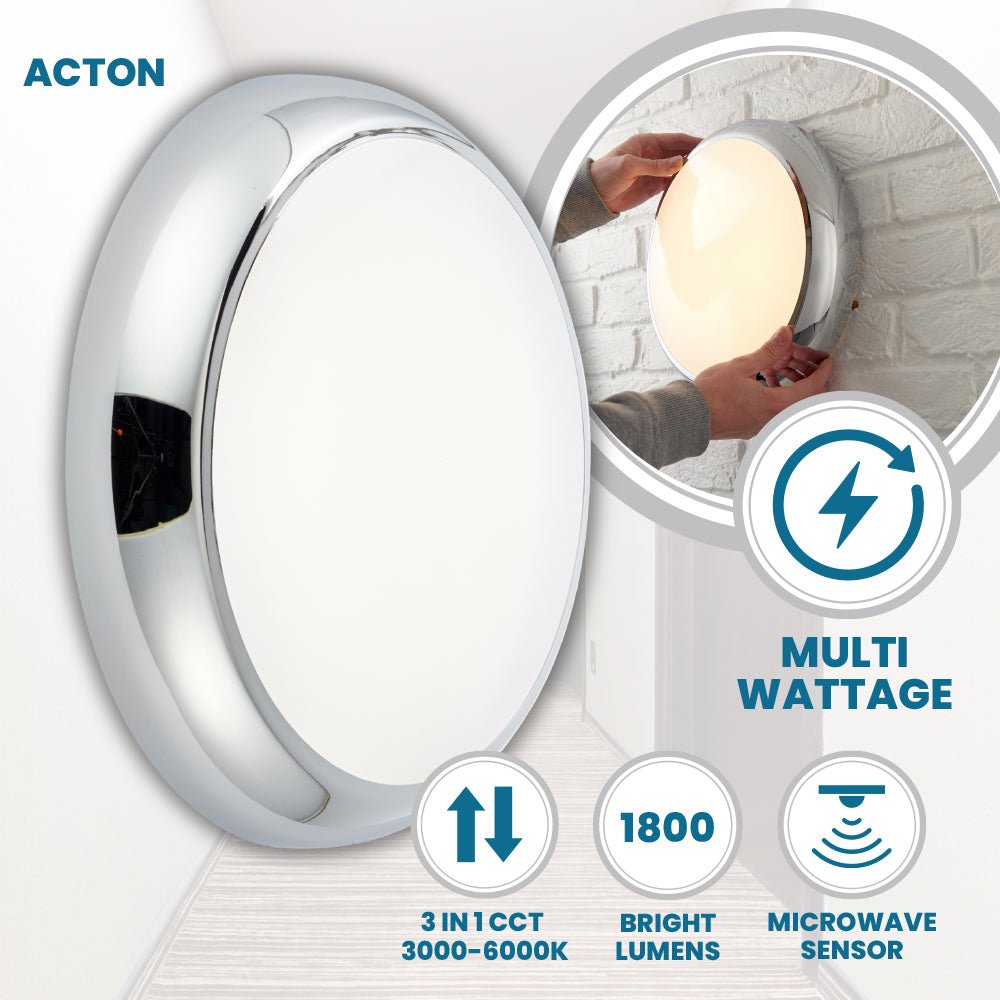 ACTON CCT Slim Bulkhead Light Fitting | LED Multi Wattage 1800lm | CCT Tri - Colour Switchable | IP65 | Chrome | Microwave Motion Sensor - LightHub Direct