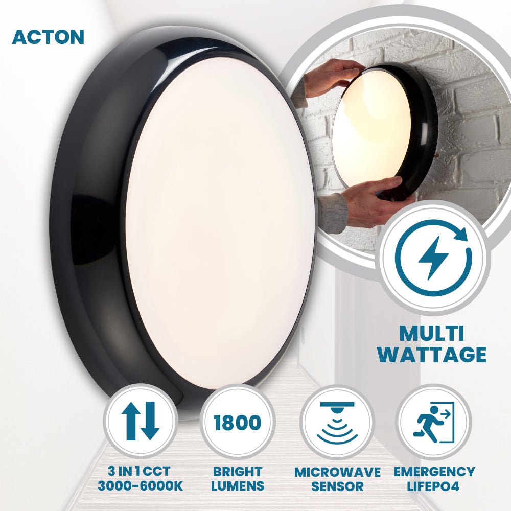 ACTON CCT Slim Bulkhead Light Fitting | LED Multi Wattage 1800lm | CCT Tri - Colour Switchable | IP65 | Black | 3hr Emergency Function | Microwave Motion Sensor - LightHub Direct