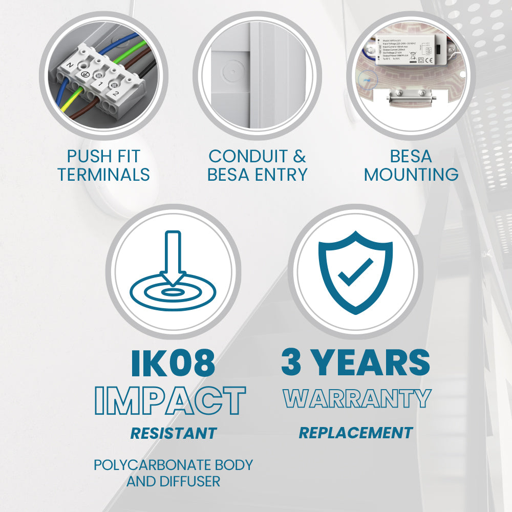 BALHAM Drum Bulkhead Light Fitting | LED 18W 1600lm | CCT Tri-Colour | IP65 | Microwave Motion Sensor