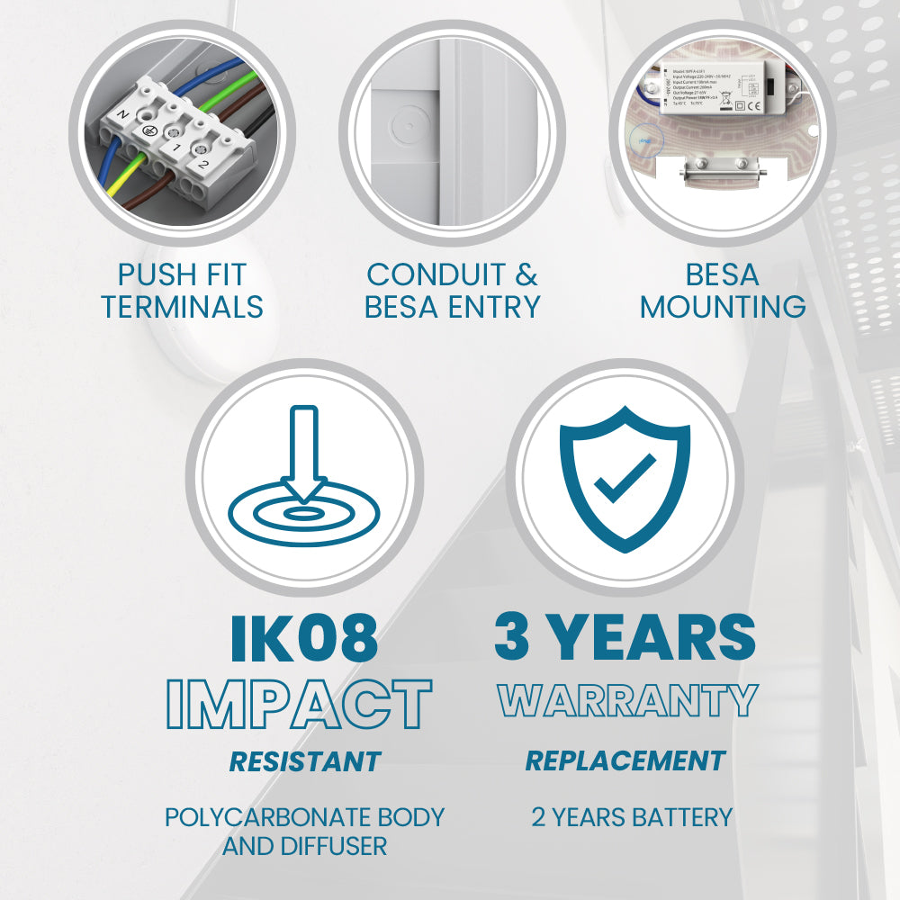 BALHAM Drum Bulkhead Light Fitting | LED 18W 1600lm | CCT Tri-Colour | IP65 | 3hr Emergency Function