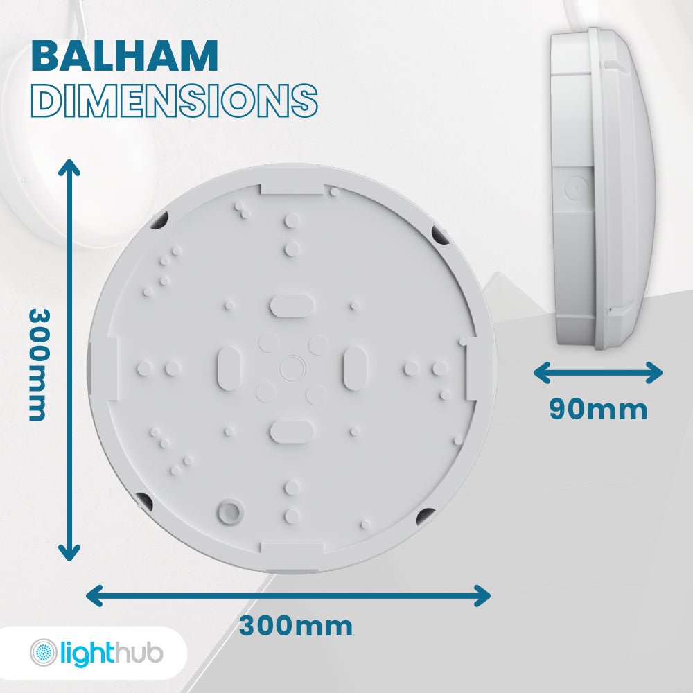 BALHAM Drum Bulkhead Light Fitting | LED 18W 1600lm | CCT Tri - Colour | IP65 | Microwave Motion Sensor - LightHub Direct