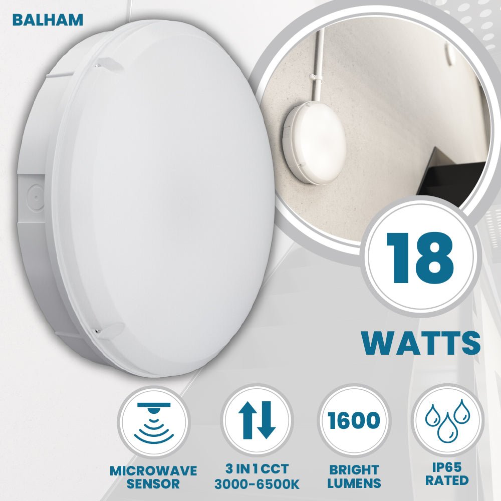 BALHAM Drum Bulkhead Light Fitting | LED 18W 1600lm | CCT Tri - Colour | IP65 | Microwave Motion Sensor - LightHub Direct