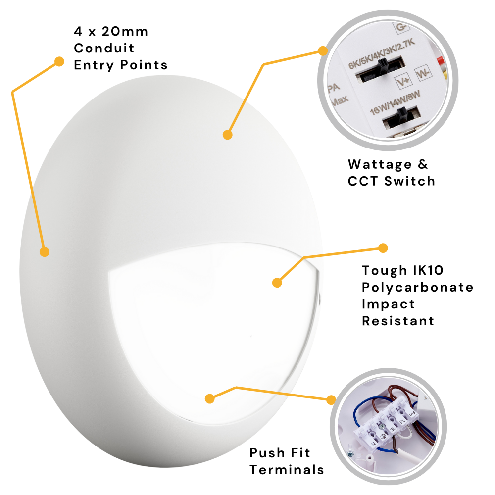 BALHAM Drum Bulkhead Light Fitting | LED 18W 1600lm | CCT Tri-Colour | IP65 | White Eyelid | 3hr Emergency Function | Microwave Motion Sensor