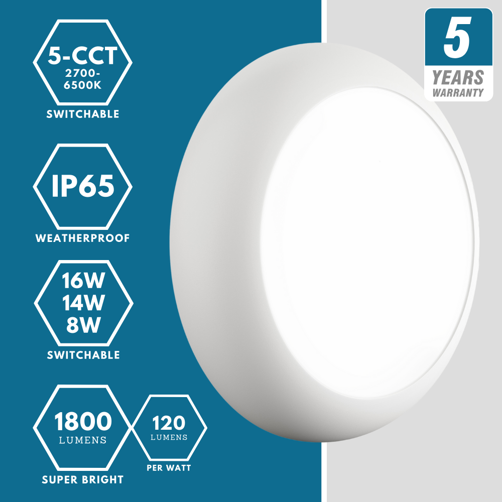 BALHAM Drum Bulkhead Light Fitting | LED Multi Wattage | CCT 5-Colour | IP65 | White