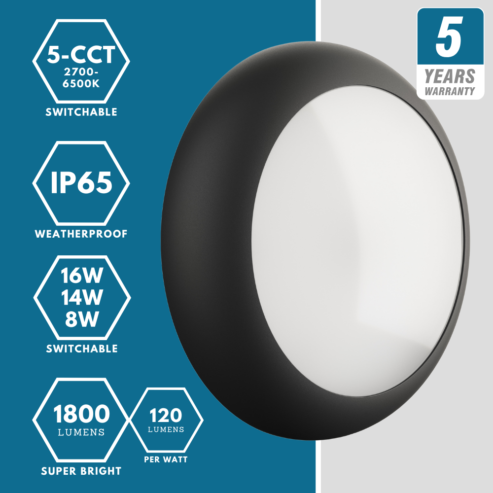 BALHAM Drum Bulkhead Light Fitting | LED Multi Wattage | CCT 5-Colour | IP65 | Black