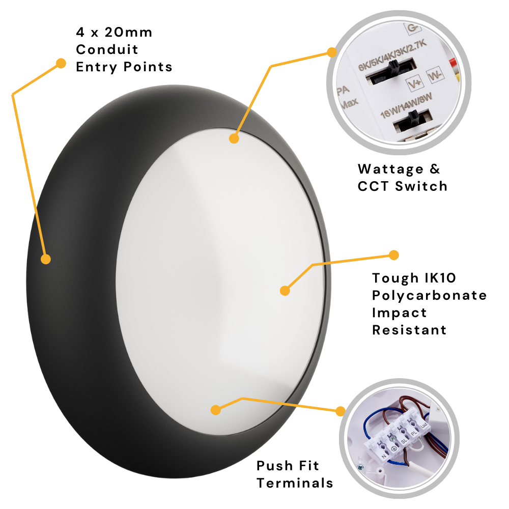 BALHAM Drum Bulkhead Light Fitting | LED Multi Wattage | CCT 5-Colour | IP65 | Black