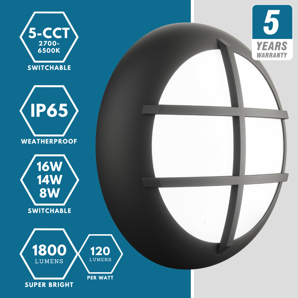BALHAM PRO Drum Bulkhead Light Fitting | LED Multi Wattage | CCT 5-Colour | IP65 | Black Cage | 3hr Emergency Function
