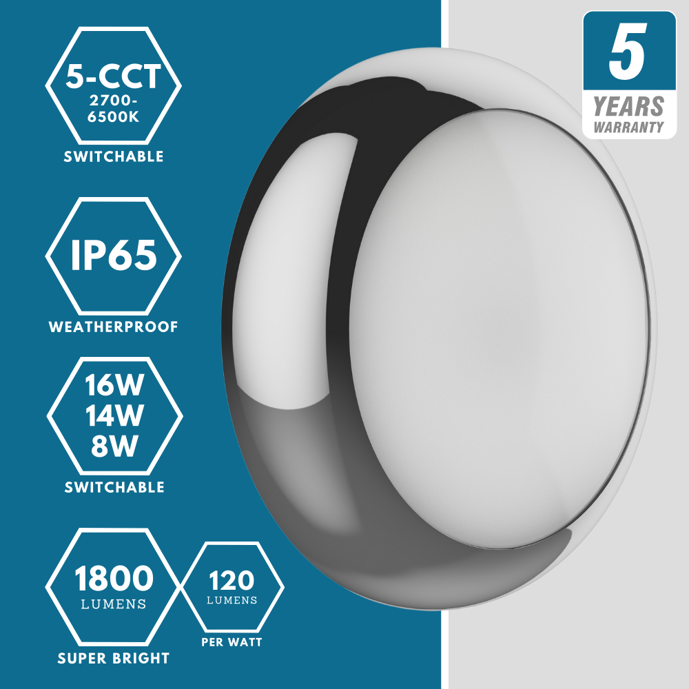BALHAM PRO Drum Bulkhead Light Fitting | LED Multi Wattage | CCT 5-Colour | IP65 | Polished Chrome | Standard Model