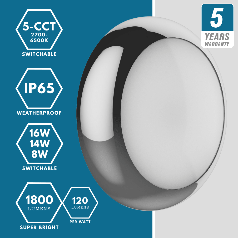 BALHAM PRO Drum Bulkhead Light Fitting | LED Multi Wattage | CCT 5 - Colour | IP65 | Polished Chrome | Standard Model - LightHub Direct