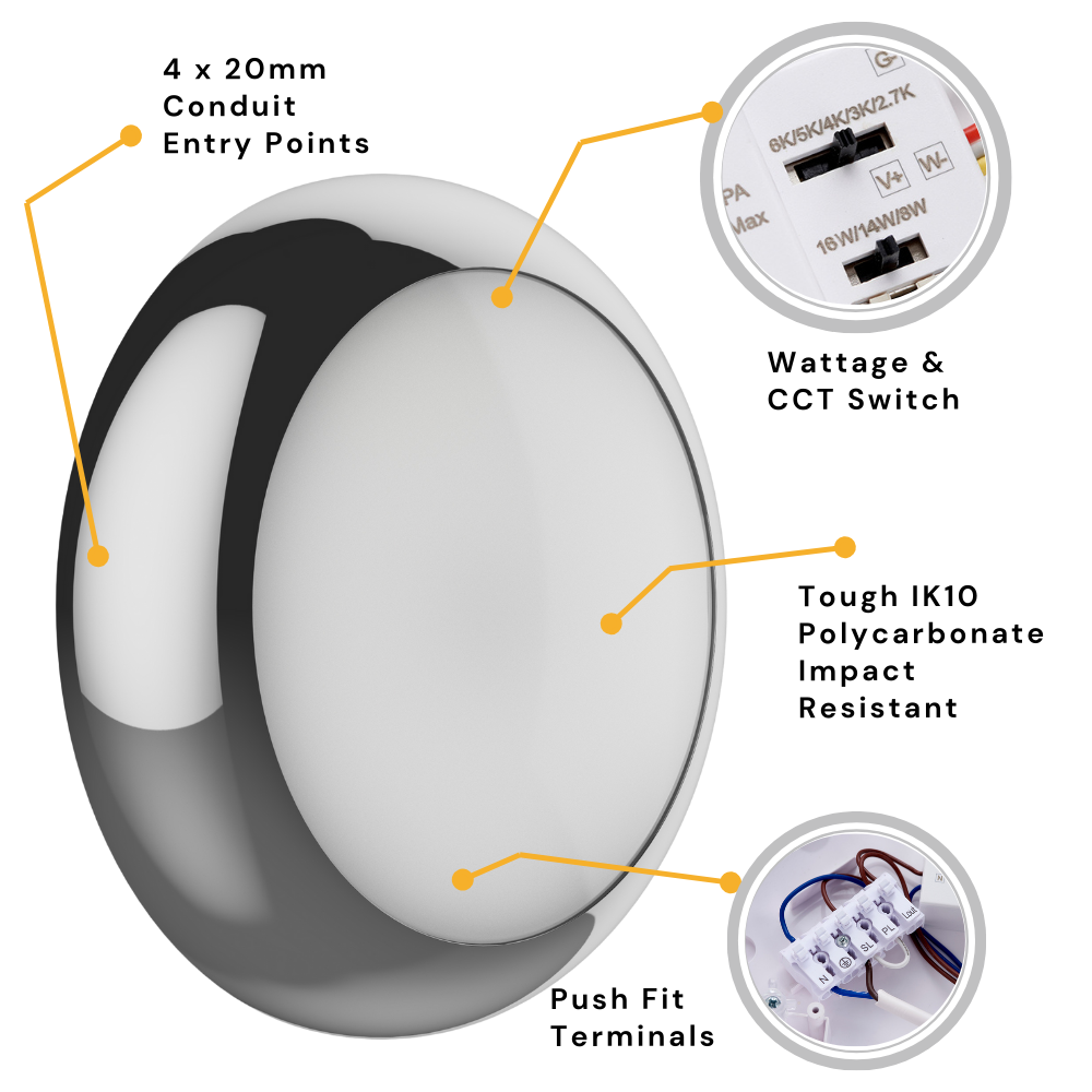 BALHAM PRO Drum Bulkhead Light Fitting | LED Multi Wattage | CCT 5-Colour | IP65 | Polished Chrome | Standard Model