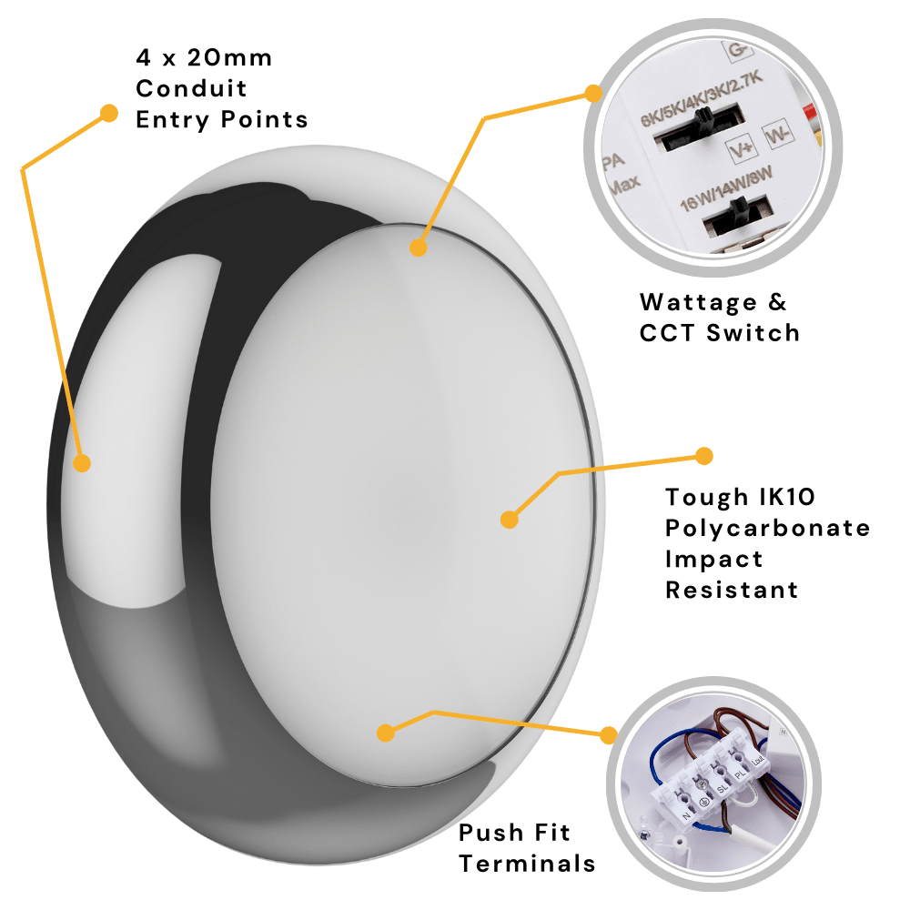 BALHAM PRO Drum Bulkhead Light Fitting | LED Multi Wattage | CCT 5 - Colour | IP65 | Polished Chrome | Standard Model - LightHub Direct